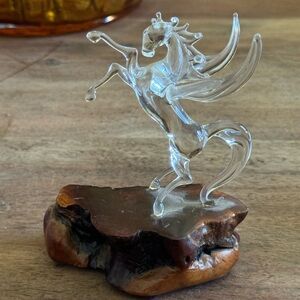 Elegant Glass Pegasus Sculpture on Wooden Base